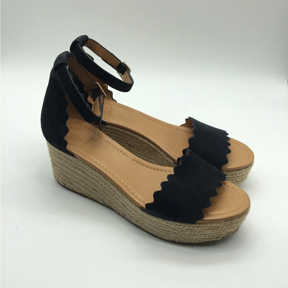 J. Crew Navy Suede Scalloped Platform Sandals - Picture 1 of 7